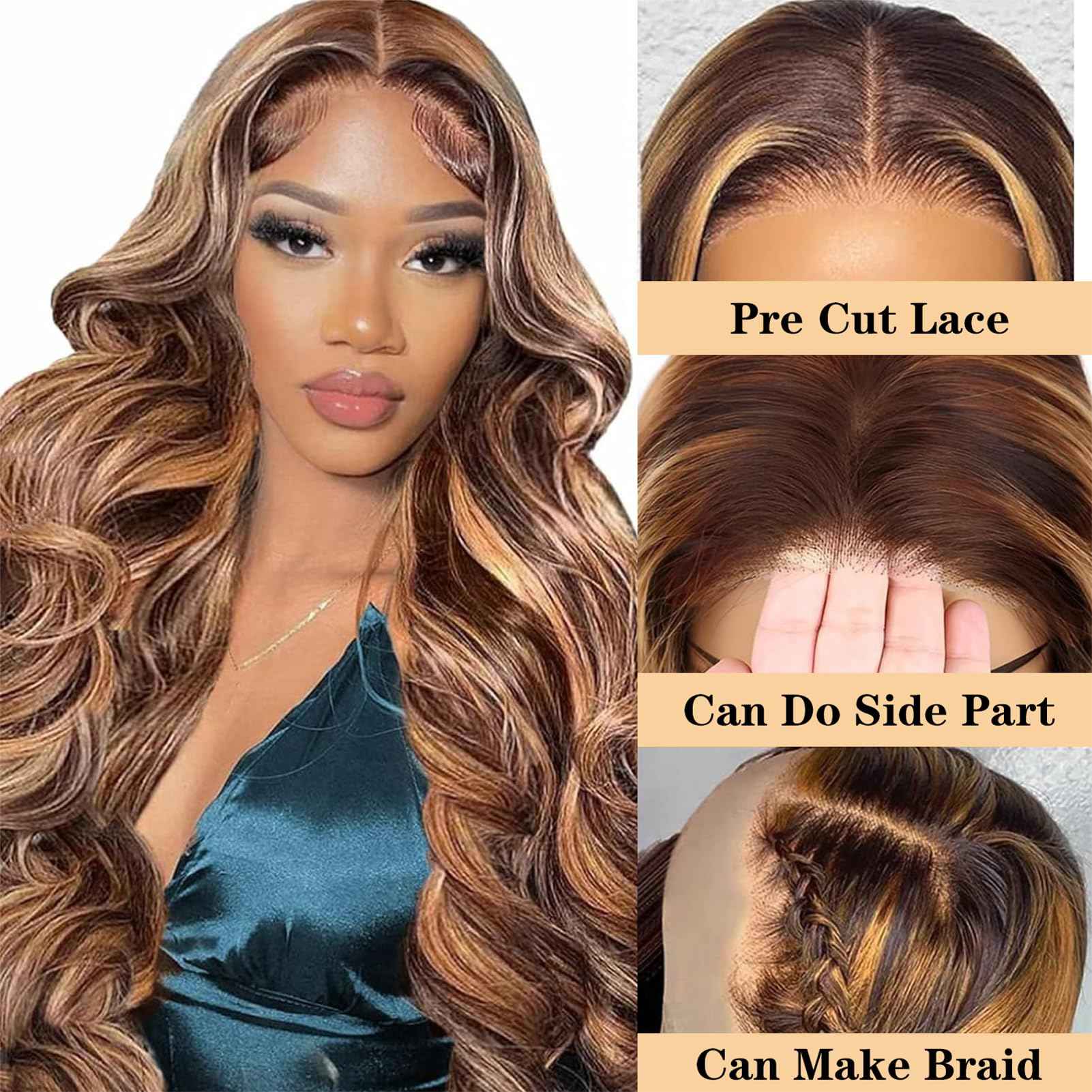 24 Inch Highlight Ombre Glueless Wigs Human Hair Pre Plucked Pre Cut 200% Density 5x5 HD Lace Closure Wigs Human Hair Honey Blonde Body Wave Wear and Go Glueless Wig for Women 3X Longer Lifespan