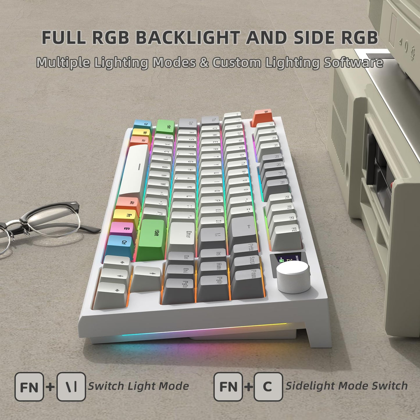 RK86 Mechanical Keyboard, 2.4G Wireless/BT5.0/USB-C Wired Gaming Keyboard 75% Layout TKL 87 Keys with 1.2'' TFT HD Color Display & CNC Knob, 27 RGB Backlit TTC Hot-Swap Linear Switch PBT Keycap - Grey