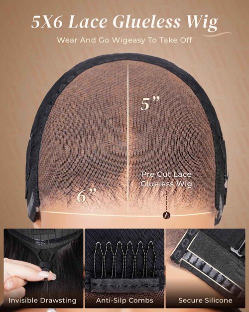 Arabella Hair 5x6 Glueless Human Hair Wig Pre Plucked Pre Cut 210% Density Natural Color 12a Bleached Knots Drawstring Straight Wig for Women HD Transparent Lace Frontal Human Hair Wigs 20 Inch