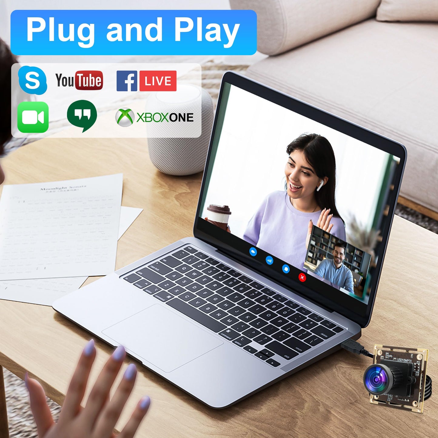 ALPCAM 16MP USB Camera Module, Wide Angle 110 Degree No Distortion Lens, Ultra HD 3496P, Plug and Play, Compatible with WinXP/Vista/WIN7/WIN8/Win9/Win10/Win11/Linux/Mac-OS X/Wince/Android