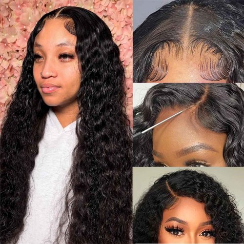 Jasperel Deep Wave Lace Front Wigs Human Hair for Women 4X4 Hd Lace Closure Brazilian Virgin Wig Wet and Wavy Wear and Go Glueless Wigs Pre Plucked Bleached Knots Natural Black 28 Inch