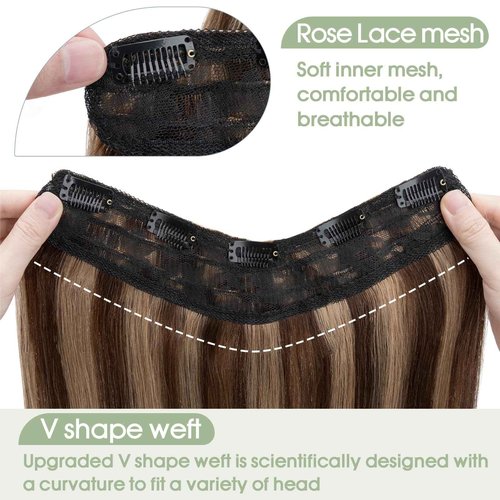 S-noilite One Piece Clip in Hair Extensions Human Hair Balayager One Piece/5 Clips 3/4 Full Head V Part Weft Thicker Hair Lace Net One Piece Hair Extensions(22"-70g,#Medium Brown/Dark Blonde)