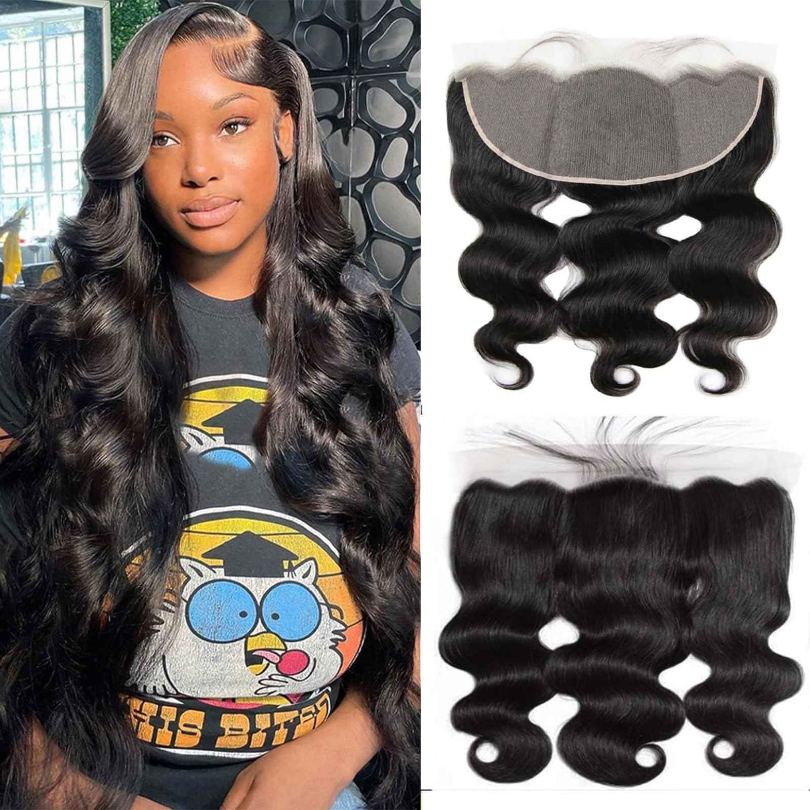 13x6 Frontal Human Hair Body Wave HD Transparent Ear to Ear Lace Frontal Closure With Baby Hair Free Part 100% Virgin Human Hair Natural Black 14 Inch