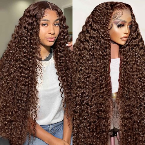 MXTQO Deep Wave Lace Front Wigs Human Hair Chocolate Brown 13x6 HD Lace Front Wigs Pre Plucked Deep Curly Wigs Wet and Wavy Human Hair Frontal Wigs with Baby Hair 200% Density