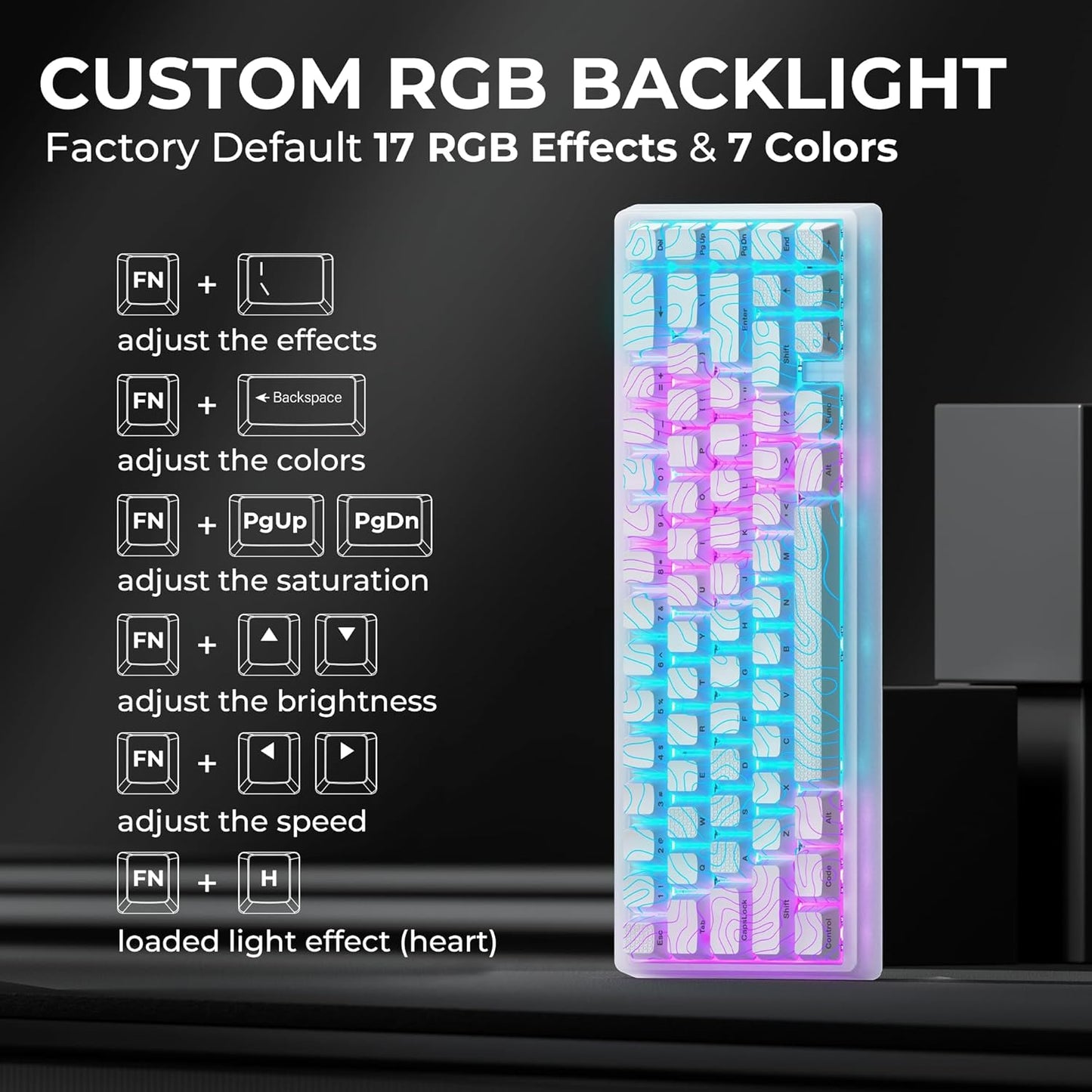 XVX M67 Wireless 60% Percent Keyboard, QMK/VIA Topographic Gaming Keyboard, Tri-Mode Thocky Creamy Mechanical Key Board, Hot Swappable Gasket Mount RGB IMD Tech for Win/Mac, Miami Theme, White