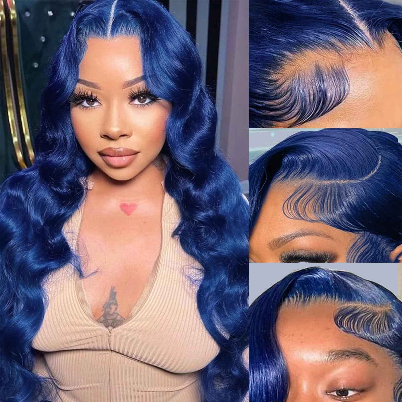 26 Inch Blue Lace Front Wigs Human Hair Body Wave 13x4 HD Transparent Lace Frontal Blue Wig Human Hair Pre Plucked 180% Density Dark Blue Colored Glueless Wigs for Black Women