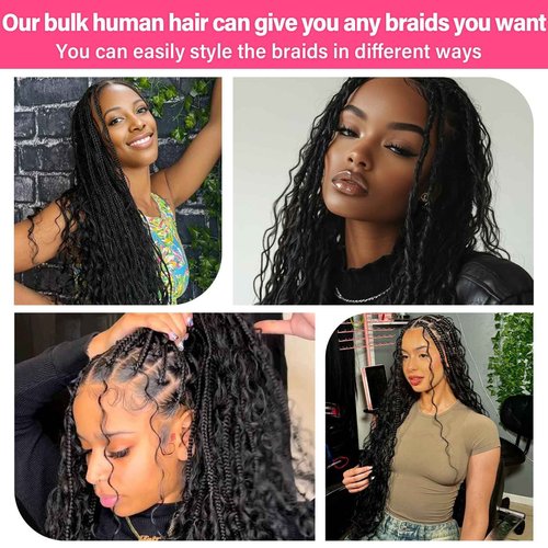 Human Braiding Hair for Boho Braids, 100 Percent Wet and Wavy Human Hair for Boho Knotless 12A Deep Wave Boho Human Braiding Hair Curly Hair Extensions 100g 2 Bundles Natural Color