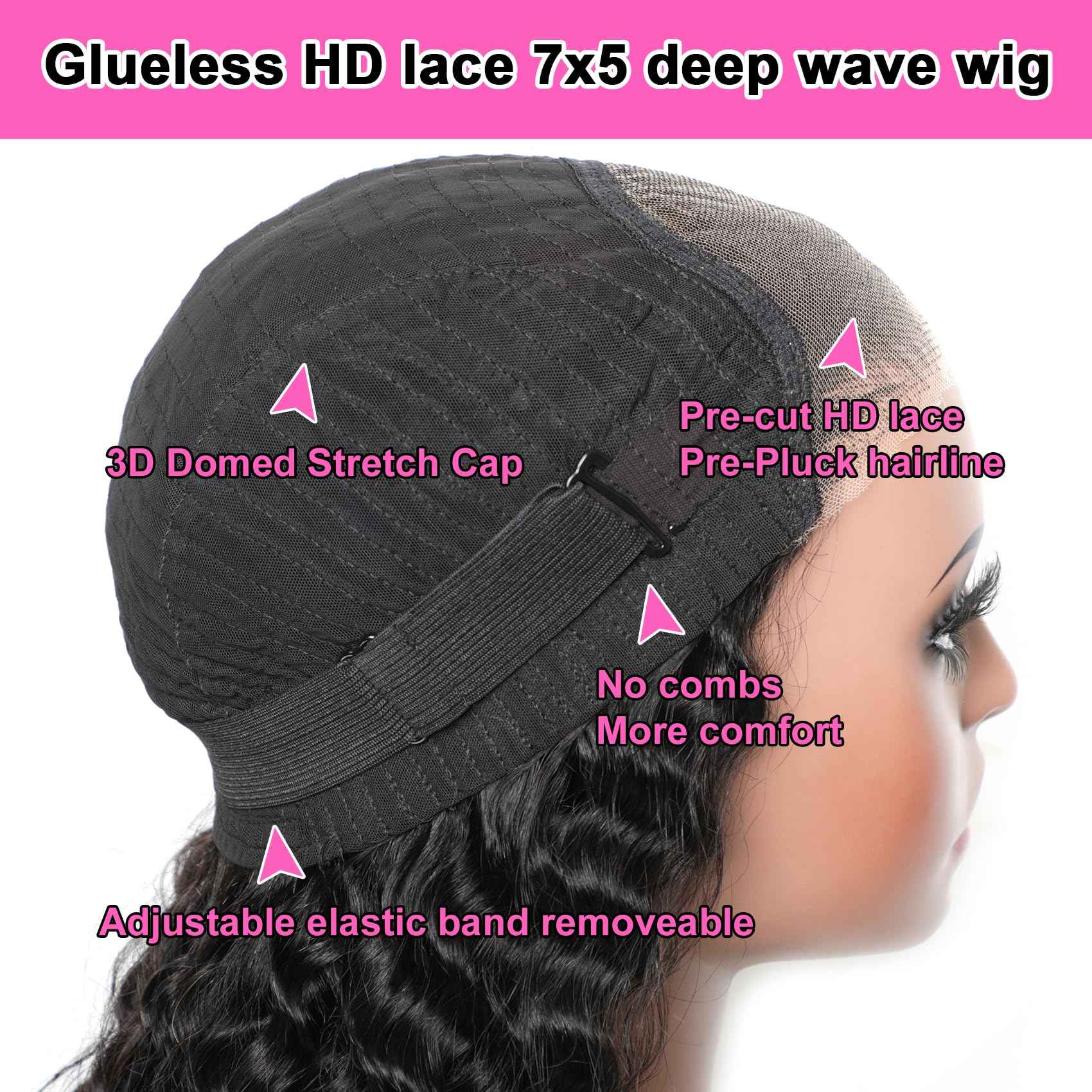 22 Inch Wear and Go Glueless Wigs Human Hair Bye Bye Knots Deep Wave HD 7X5 No Glue Lace Wig, Glueless Wig Pre Plucked, 15s Wear Complete Wear and Go Wig Pre Cut Lace Wig Natural black 200% Density