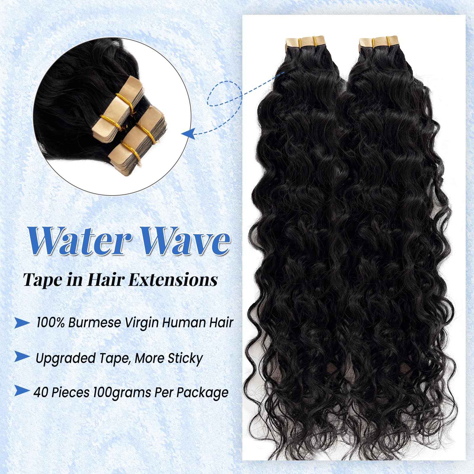 Long Curly Wave Tape in Hair Extensions Natural Color 22 Inch Water Wave Tape in Human Hair Extensions 40PCS 100G Thick and Full Invisible Tape ins Water Wave Real Remy Human Hair Pieces Black