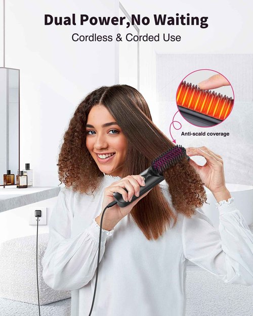 Cordless Hair Straightener Brush - Portable Hair Brush for Travel - 30s Fast Heating - 300 Million Negative Ions for Frizz-Free Shine,Touch Up On-The-Go,Gift for Women,10000mAh