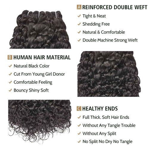 Wequeen 16A Deep Wave Human Hair Bundles 16 18 20 Inch 100% Unprocessed Brazilian Virgin Hair Quick Weave Bundles Human Hair Extensions Real Human Hair, Natural Black