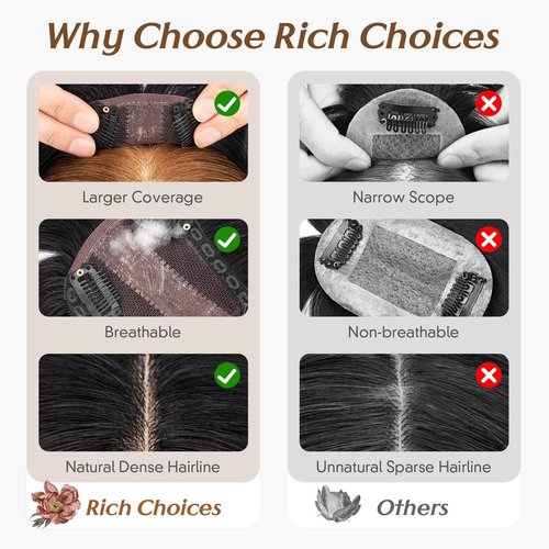 Rich Choices Real Human Hair Toppers for Women 3D Cover Clip in Bangs 100% Remy Human Clip in Silk Base Hair Topper with Bang for Thinning 150% Density 10 Inch #01 Jet Black