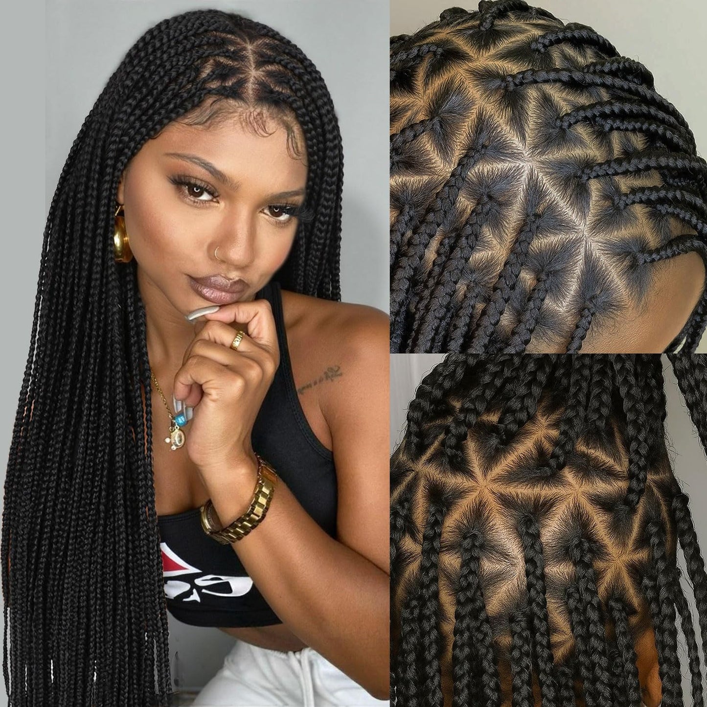 360 Full Lace Knotless Box Braided Wig, Long Black Synthetic Hair, Triangle Lace Front (Black, 34 inches)