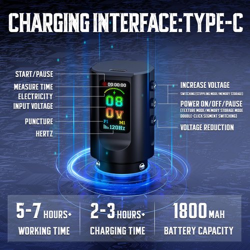 KOOBA TATTOO GUN KIT WITH WIRELESS TATTOO MACHINE/PEN 1800MAH BATTERY NORMAL/STIPPLING MODE RCA CONVERT ADAPTER 3 SPEED MEMORY FUNCTION 7 STROKES LENGTH 20 CARTRIDGES NEEDLES FOR ARTISTS & BEGINNERS