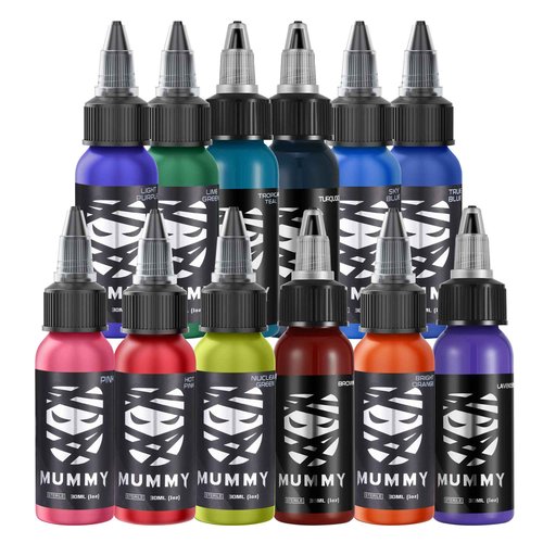 Mummy King TUT 12 Color Tattoo Ink Set 1oz Includes:True Blue,Sky Blue,Turquoise,Bright Orange,Brown,Lavender,Tropical Teal,Lime Green,Nuclear Green,hot Pink,Pink,Light Purple