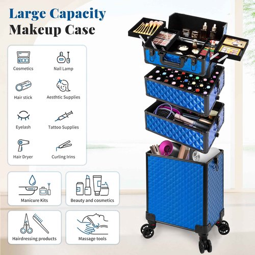 AROUS Rolling Makeup Train Case 4 in 1 Cosmetology Case on Wheels Large Storage Cosmetic Trolley with Key Salon Barber Case Traveling Cart Trunk, Blue