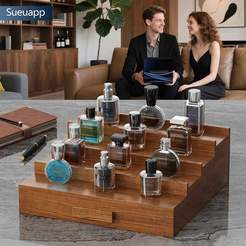 Sueuapp Cologne Organizer for Men,4 Tier Walnut Wood Cologne Stand,Cologne Shelf Display Holder with Hidden Storage and Drawer,Perfume Stand Organizer Great Gift for Men,Walnut