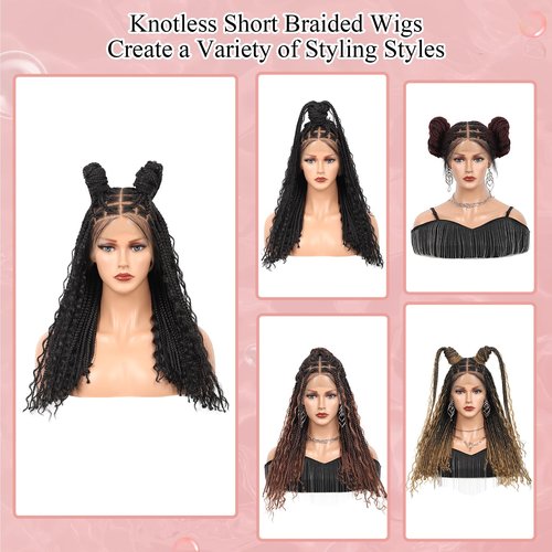 Zurffiy 13x8 Inch HD Lace Short Boho Braided Wigs for Women Knotless Braided Wigs with Curly End Synthetic Hair Brown Box Braid Wig with Baby Hair 18 Inch