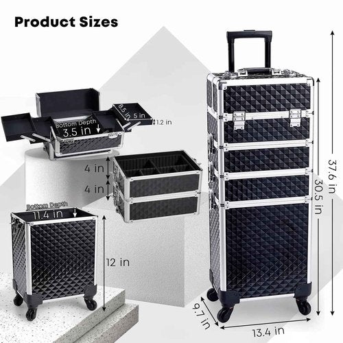 Adazzo 4 in 1 Rolling Makeup Case Cosmetic Train Case Trolley Roll Travel Box for Makeup Artist, Hairstylists, Nail Tech Makeup Cart with Key Swivel Wheels Barber Case Traveling Trunk Black