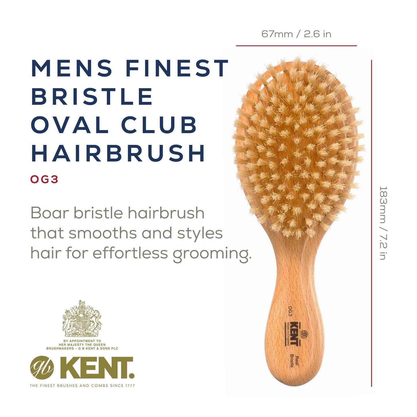 Kent OG3 Finest Men's Hair Brush and Facial Brush for Beard Care - 100% Natural White Boar Bristle Brushs for Mens Grooming, 360 Wave, and Beard Straightener For Men's Hair Care