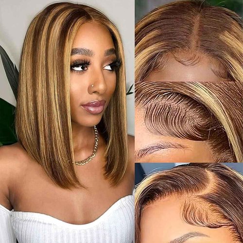 Nopxam Highlight 4/27 Bob Wig Human Hair 13x4 HD Transparent Lace Front Wigs Human Hair 180% Density Short Bob Glueless Straight Wigs Human Hair for Women 16 Inch