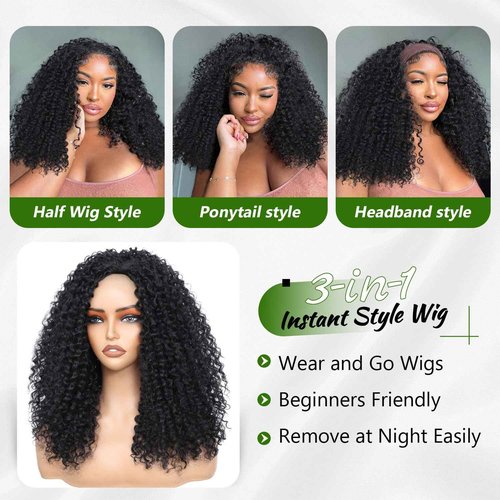 Fine Plus Curly Half Wig for Black Women, 3 in 1 Glueless Half Wig Seamless Flip Over Protein Synthetic Curly Wig Soft Fiber Feel Like Human Hair Long Lasting Curl Degree Lightweight Beginner Friendly