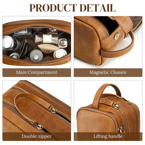 S-ZONE Leather Travel Toiletry Bag for Men Women Traveling Cosmetic Shaving Bags Dopp Kit