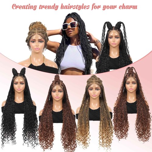 Zurffiy 360° HD Full Lace Knotless Boho Braided Wigs for Women Box Braid Wig With Baby Hair Premium Synthetic Braided Lace Front Wigs Natural Black 36 Inch