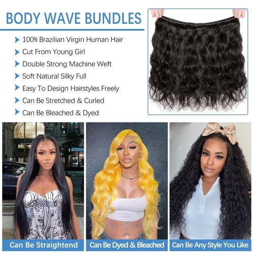 12A Human Hair Bundles 20 20 20 Inch Body Wave Bundles Human Hair 100% Unprocessed Brazilian Virgin Weave 3 Bundle for Women Natural Black Real Body Wavy Human Hair Extensions