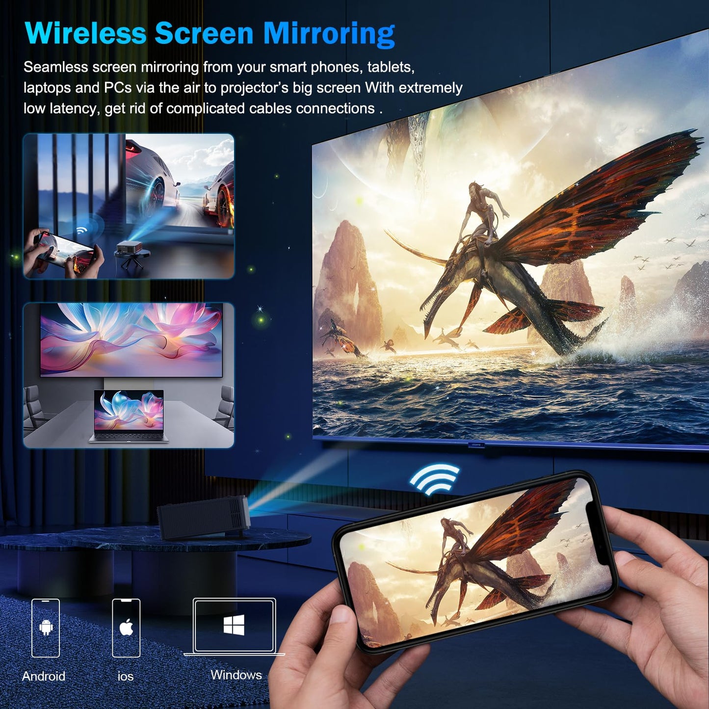 [1500 Brightness] Dess Projector with WiFi 6 and Bluetooth, Home Outdoor Electric Stand Movie Proyector, Auto Focus & Keystone, 1080P Native , High Contrast, Smart Projector