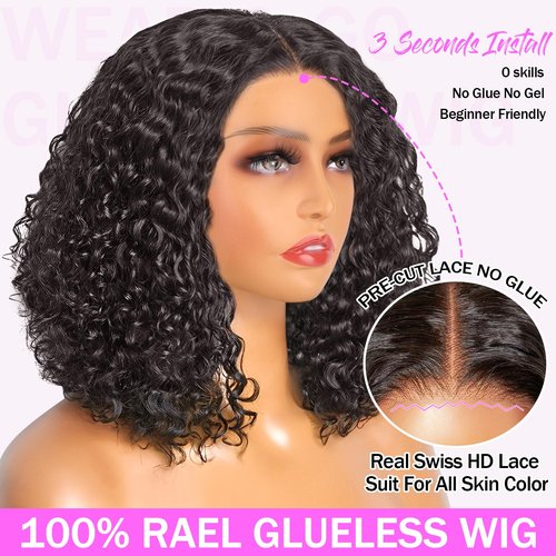 Put On and Go Glueless Wigs Human Hair Pre Plucked Pre Cut Lace Closure Wigs for Black Women 200% Density Glueless Deep Curly Bob Wig Human Hair 30 Seconds Install for Beginners Natural Color 14 Inch