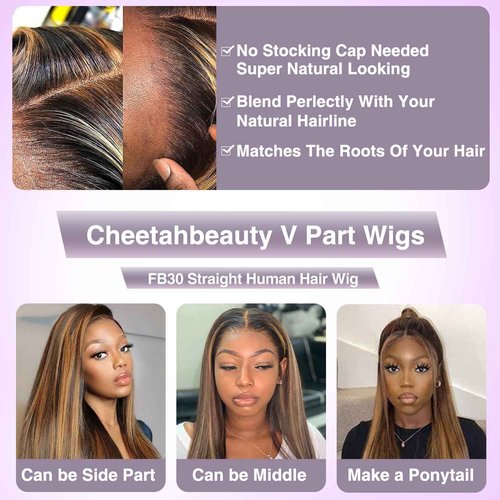 CHEETAHBEAUTY FB30 Ombre V Part Wig Human Hair 16Inch No Leave Out Upgrade Straight U Part Wig Highlight Blonde No Glue Brazilian Virgin Straight Human Hair Wigs for Women Colored Brown 180% Density