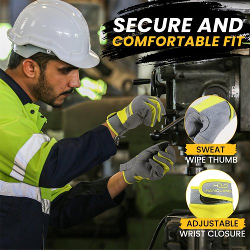 HANDLANDY Touchscreen Work Gloves for Men and Women, Utility Breathable Mechanic Working Glove for Yardwork Gardening (Yellow-Grey, Small)