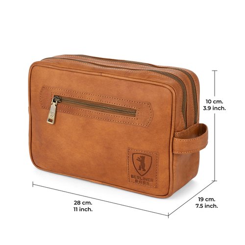 BERLINER BAGS Vintage Genuine Leather Toiletry Bag Paul, Two Zippered Compartments, Large Capacity Cosmetics Bag for Men and Women for Travel - Brown (2 Compartments)