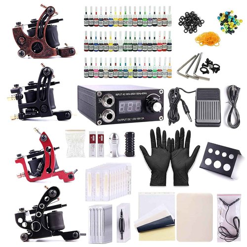 One Tattoo World Complete Tattoo Kit - 4 Tattoo Machines, Digital Power Supply, 54 Color 5ml Tattoo inks, Grips, Needles Transfer Paper, and more- OTW-KTB454