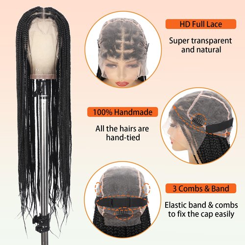 ROSEBONY 36 Inch HD Full Lace Knotless Braided Wigs, Natural Black Box Braids with Baby Hair, Long Lace Front Wigs for Black Women