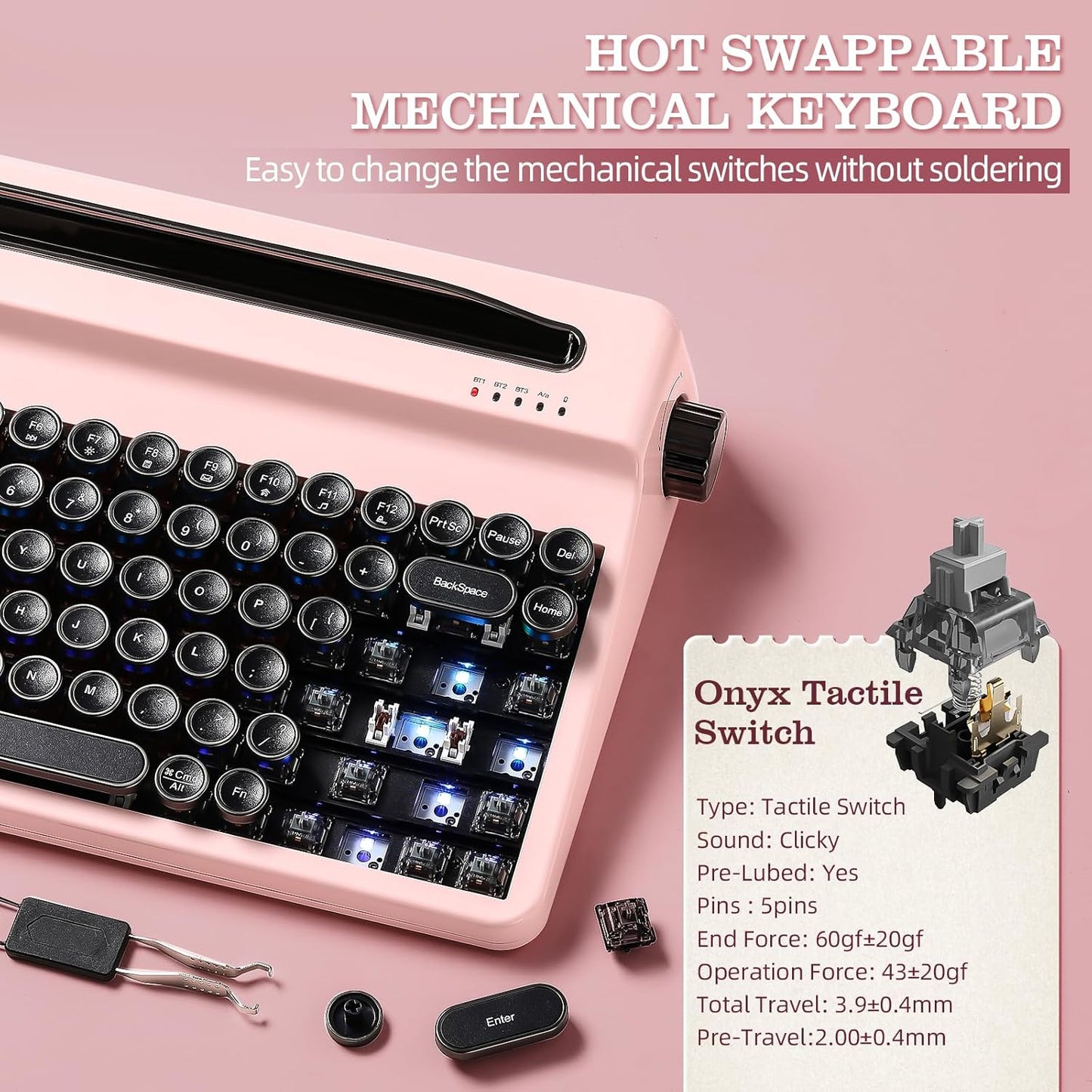 YUNZII QL75 Wireless Typewriter Hot Swap Retro Mechanical Keyboard,Punk Round Keycaps,RGB Backlit QMK/VIA Programmable, Multi-Device Keyboard with 2.4GHz/Type-C/BT5.0 (Green, Cocoa Cream V2 Switch)