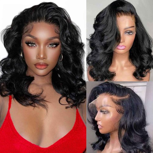 Aolisox 16 Inch Bob Wig Human Hair 13x6 Body Wave Lace Front Wigs Human Hair Pre Plucked 200 Density HD Lace Frontal Wigs for Women Glueless Wigs Natural Black