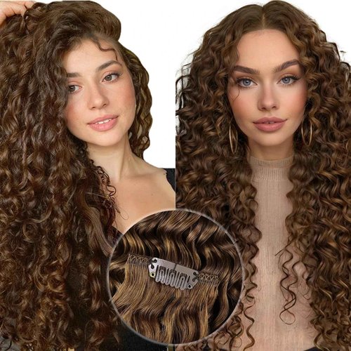 Hetto Curly Clip in Hair Extensions Curly Hair Extensions Reddish Brown Wavy Clip on Hair Extension Light 22 Inch 90g 5pcs