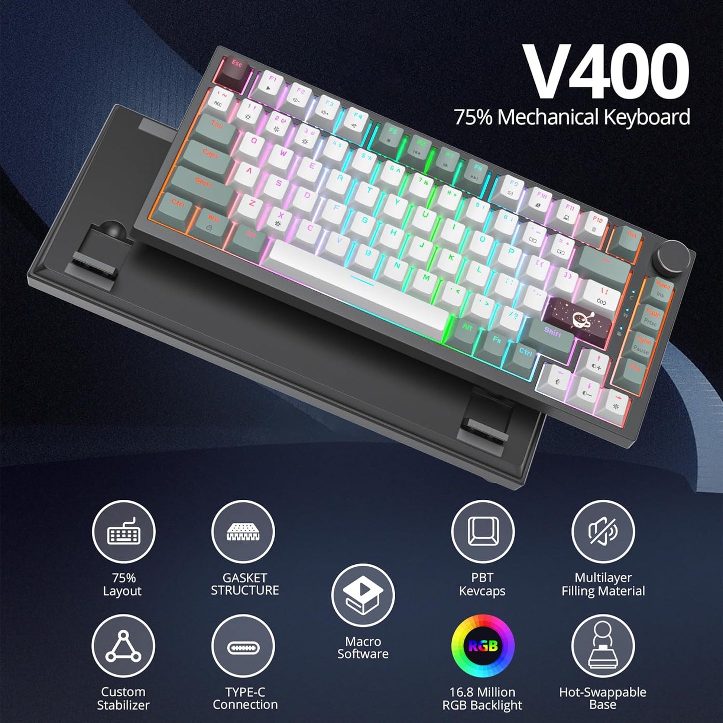75% TKL Wired Mechanical Keyboard,RGB Backlit Gasket Mount 82 Key Hot Swappable Custom Linear Red Switch Gaming Keyboard with Volume Knob & PBT Keycaps (82 White Earth)