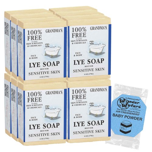 CLASSYONE Grandma’s Pure Lye Soap Bar for Sensitive Skin, Unscented 6 oz – 12 Pack | Face & Body Wash for Dry, Itchy Skin | Free of Dyes, Detergents & Fragrance + Bonus Baby Powder Air Freshener