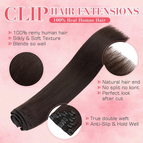 S-noilite 8PCS Clip in Hair Extensions Real Human Hair Dark Brown Clip In Hair Extensions 18 Inch 140g Straight Double Weft #2