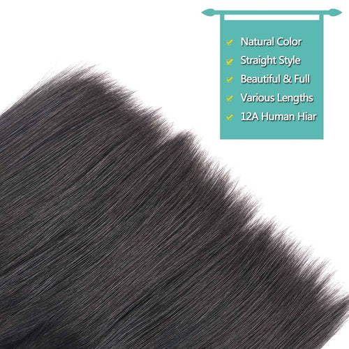 HEPAEA 12A Human Hair Bundles (14 14 16 16 Inches, 4 Bundles) 100% Unprocessed Brazilian Virgin Straight Hair for Women - Natural Black Hair Weave