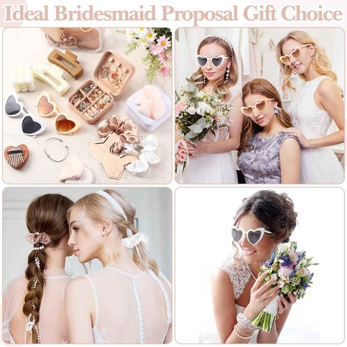 FoldTier 56 Pcs Bridesmaid Proposal Gifts Maid Gifts Clear Cosmetic Bags Jewelry Storage Boxes Hair Clip Hair Scrunchies Heart Shaped Sunglasses Bracelet Powder Puffs for Wedding(Champagne)