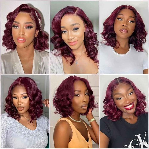 Caijuxing 99j Burgundy Glueless Body Wave Bob Wig Human Hair 200% Density With Baby Hair 4x4 Hd Lace Closure Wigs For Black Women Wear And Go Glueless Bob Wig (14 Inch)