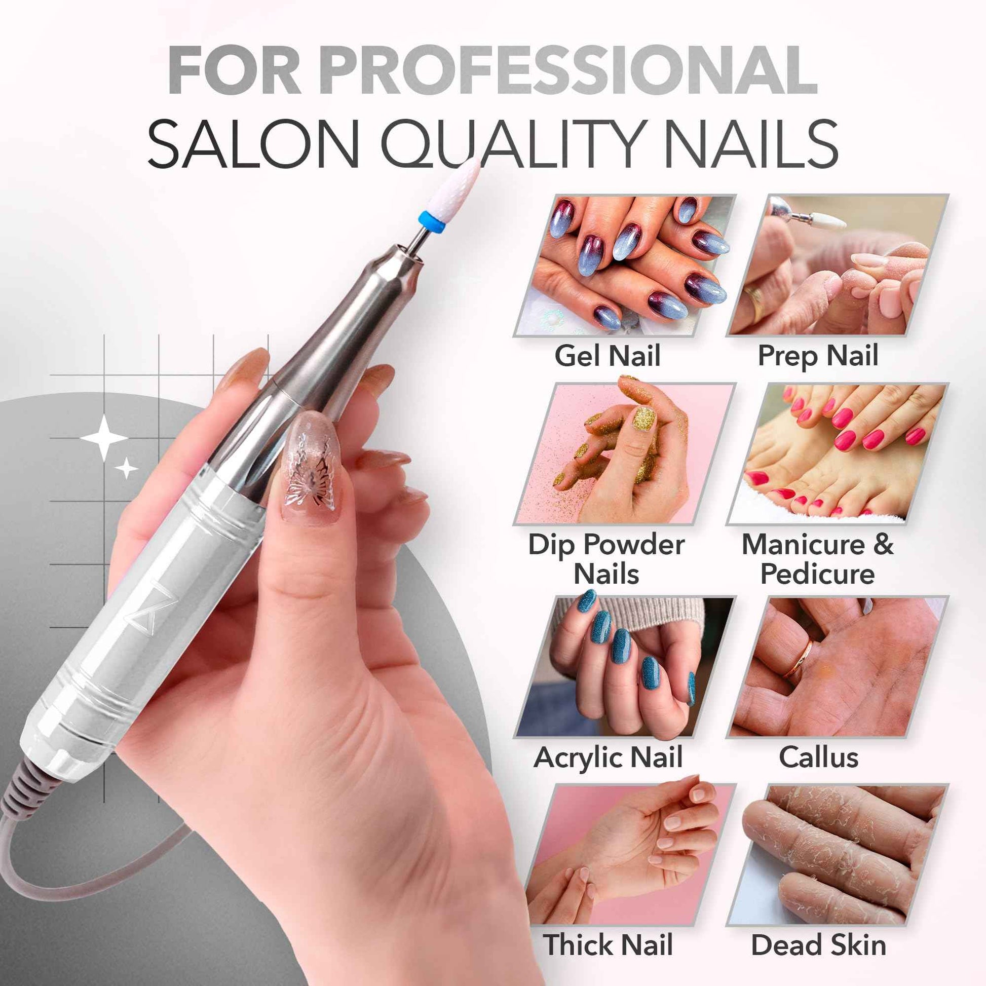 M Mase- Professional Nail Drill Machine - Coreless 2-in-1 Nail File - Electric, Cordless, 35000 RPM, HD Display - Electric Nail Drill for Professional & Home Use (White)