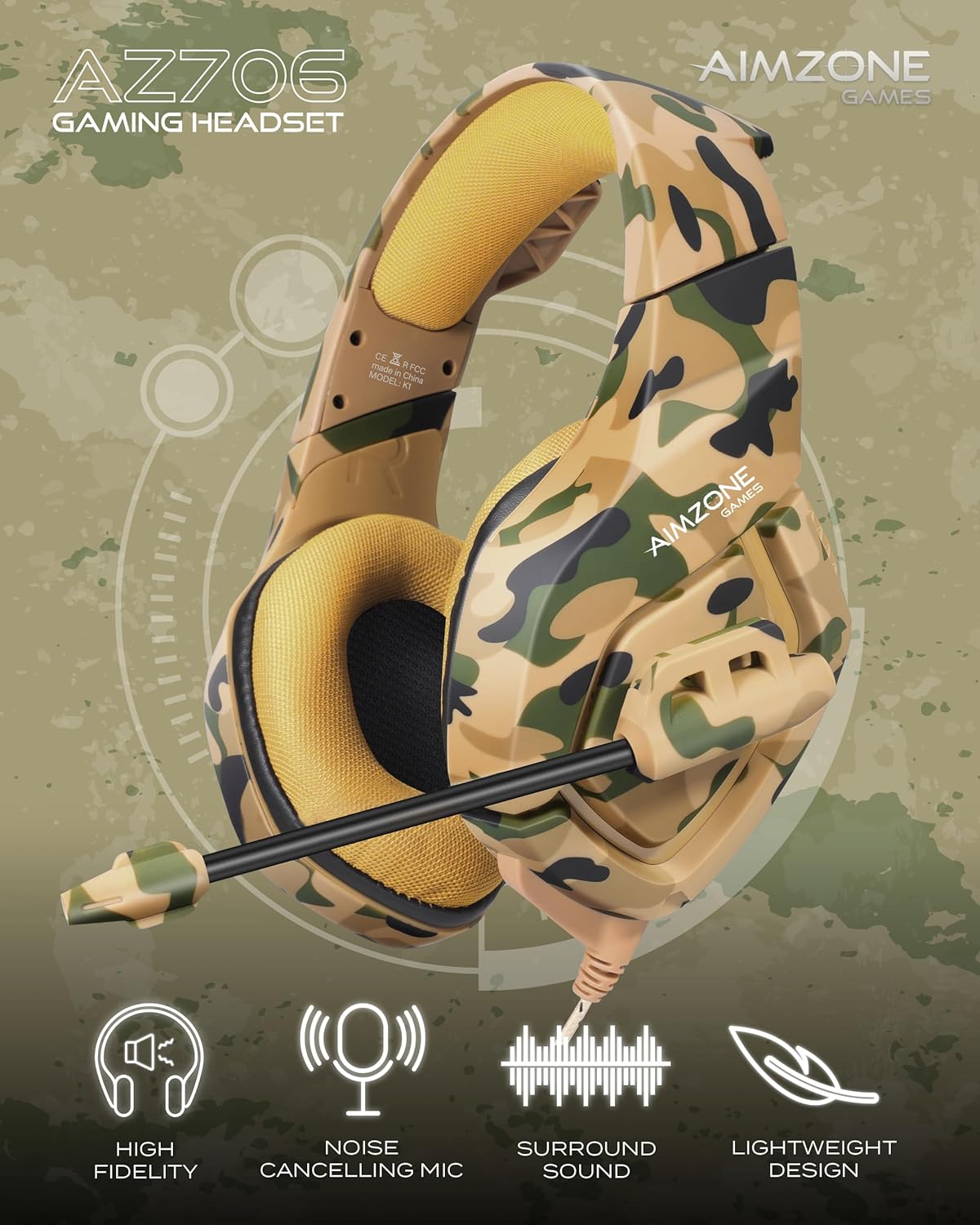 Aimzone Gaming Headphones with Microphone, Over Ear Gaming Headset with Passive Noise Canceling Mic and Earmuffs, Gamer Headphones for Xbox, Switch, PS4/PS5, & PC, Camouflage