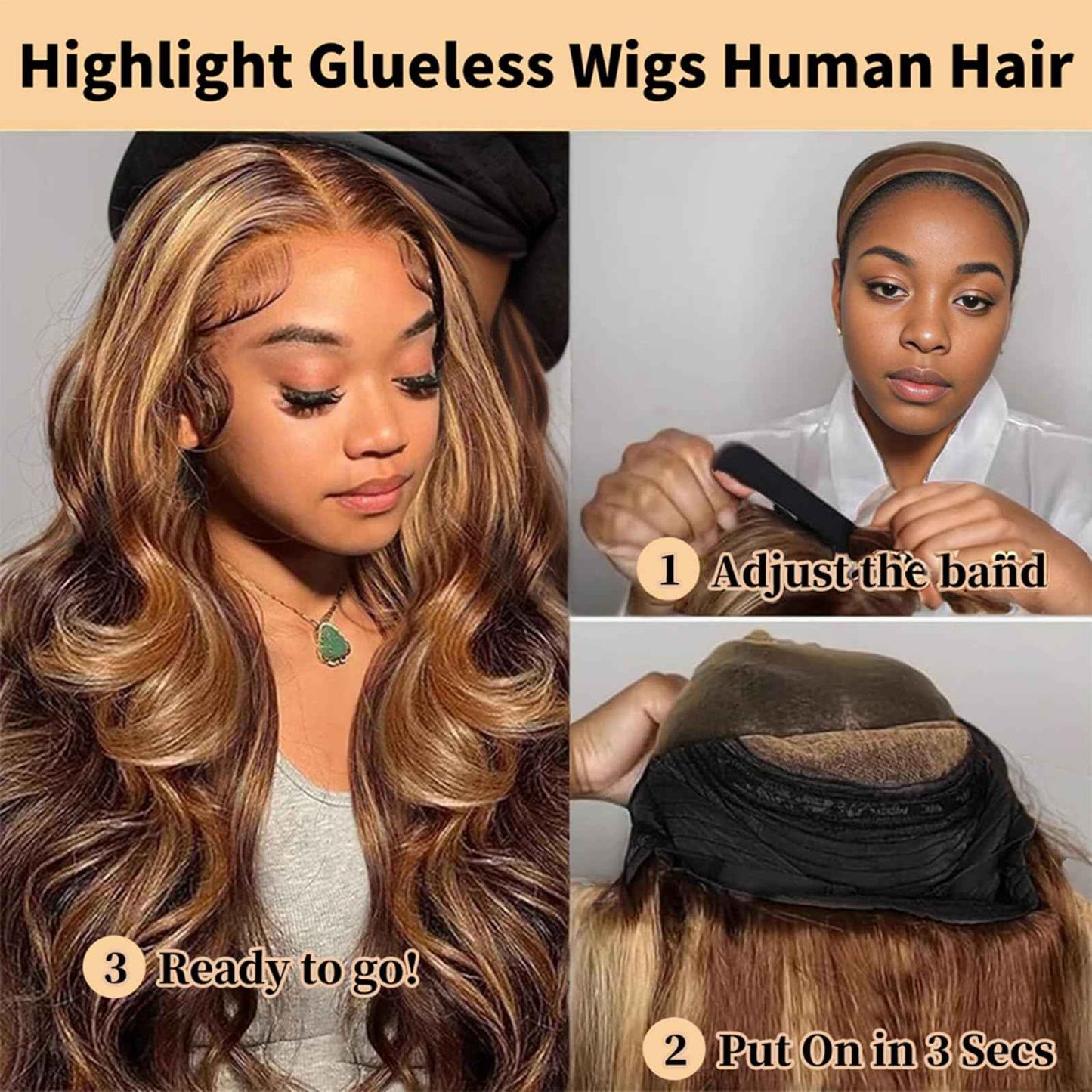 Highlight Ombre Glueless Wigs Human Hair Pre Plucked Pre Cut 200% Density 5x5 HD Lace Closure Wigs Human Hair P4/27 Colored Honey Blonde Body Wave Lace Front Wigs Human Hair for Women (18 Inch)
