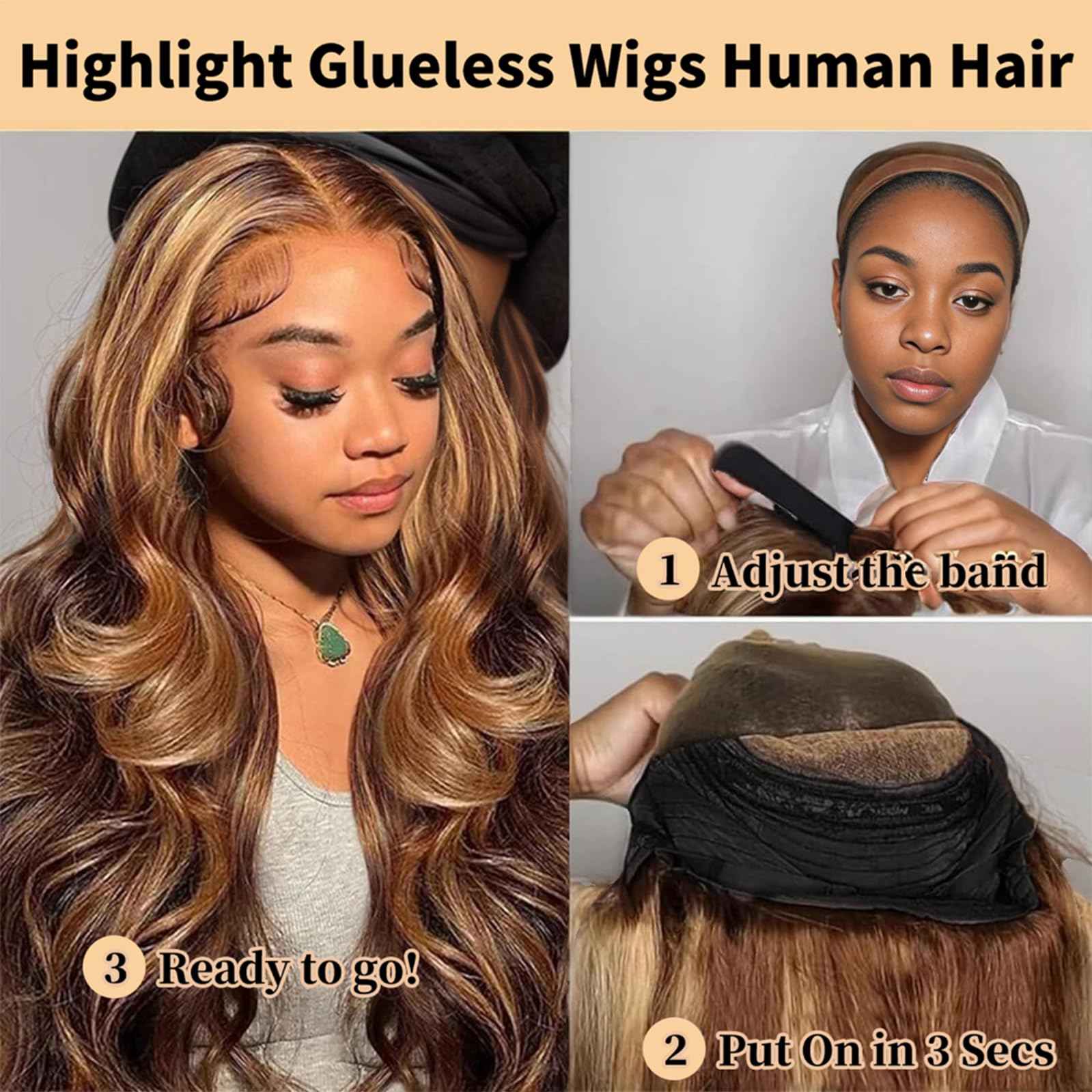 Highlight Ombre Glueless Wigs Human Hair Pre Plucked Pre Cut 200% Density 5x5 HD Lace Closure Wigs Human Hair P4/27 Colored Honey Blonde Body Wave Lace Front Wigs Human Hair for Women (18 Inch)