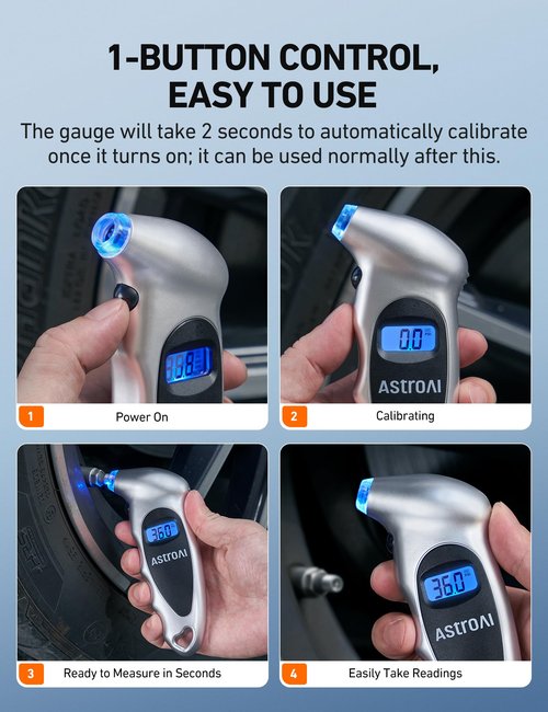 AstroAI Tire Pressure Gauge Digital 0-150PSI (Accurate in 0.1 Increments), 4 Settings Stocking Stuffers for Car Truck Bicycle with Backlight LCD and Presta Valve Adaptor, Sliver